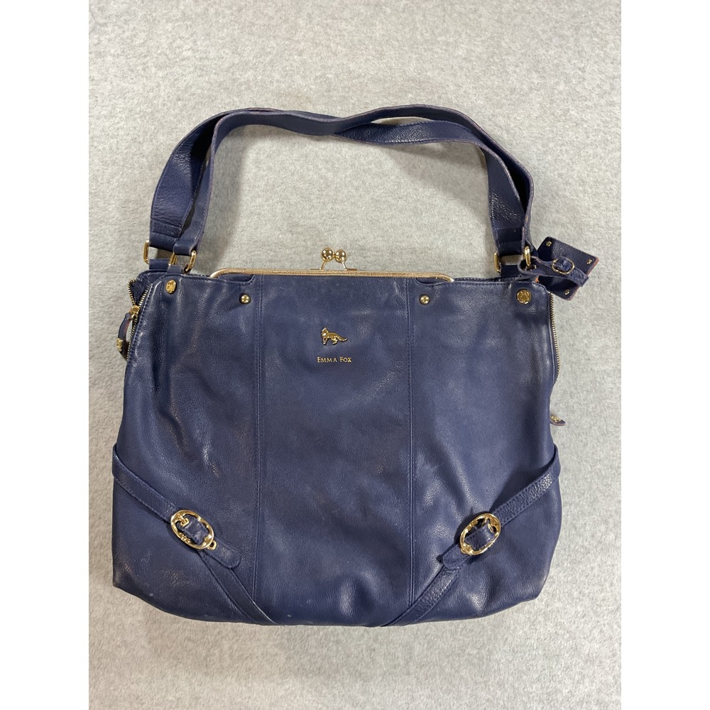 Emma Fox Navy Blue Pebbled Leather Kiss Lock Shoulder Bag Gold Hardware Large
